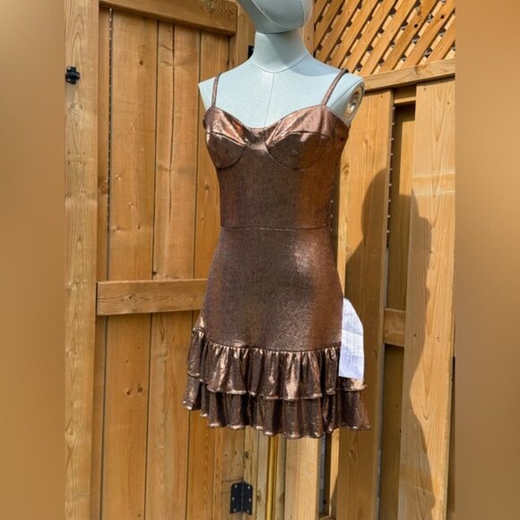 🆕 DRESS THE POPULATION 🧿 NWT Arden Fit and Flare Mini Dress, Brown Bronze Sz M - Picture 3 of 16